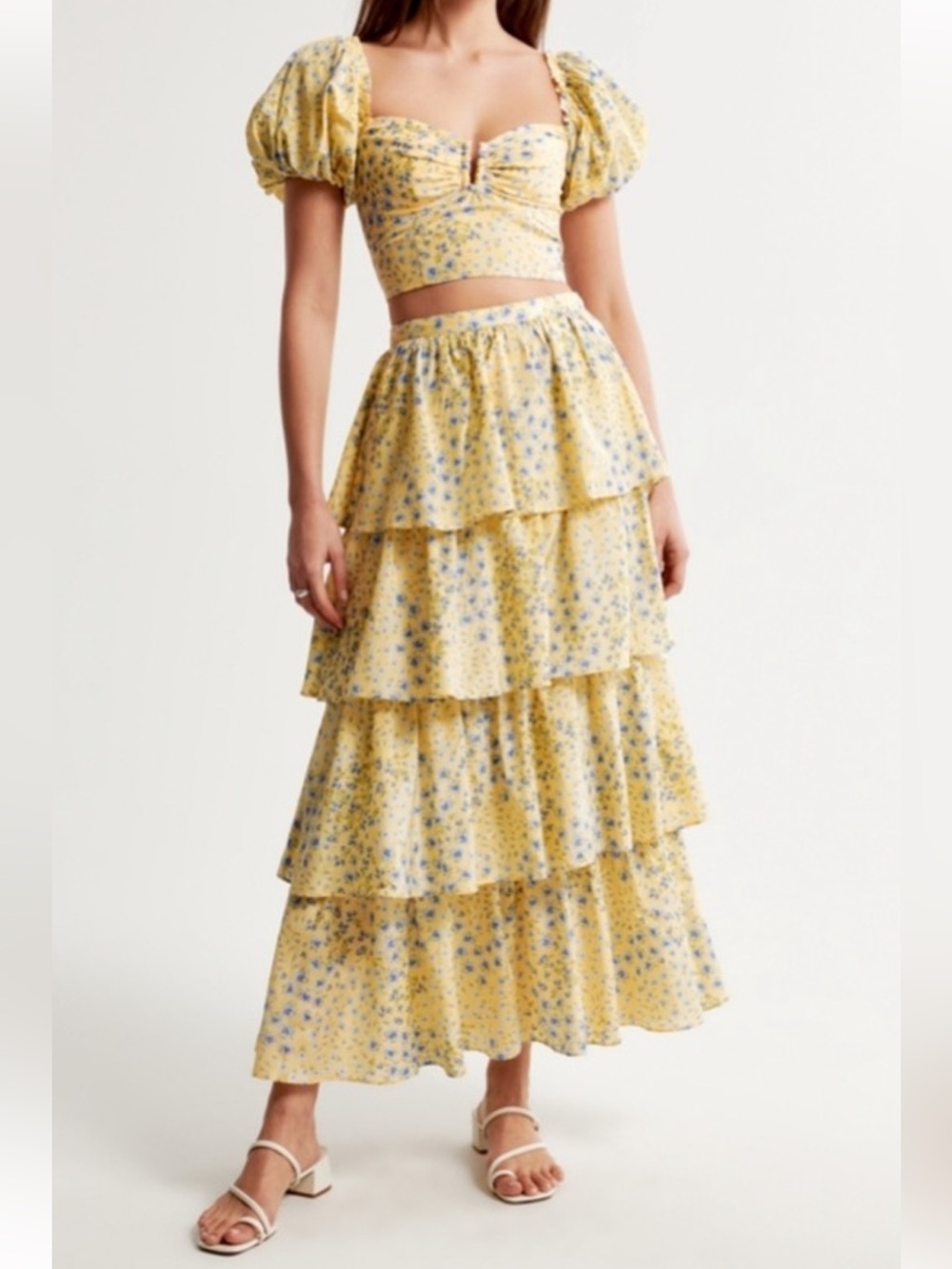 Abercrombie & Fitch Yellow Floral Tiered Maxi Skirt(LT) and top (L) (mix33)